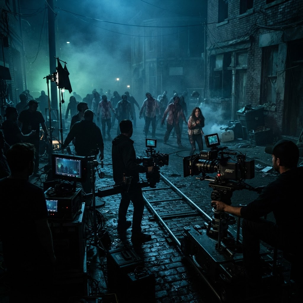 Set de cine profesional con cámaras ARRI y RED filmando escena de terror zombie oscura con niebla y luces dramáticas