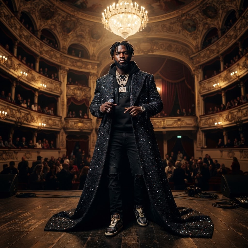 Artista urbano negro masculino con gabán largo negro cubierto de diamantes negros brillantes en escenario de ópera barroca dorada, estética cinematográfica de lujo