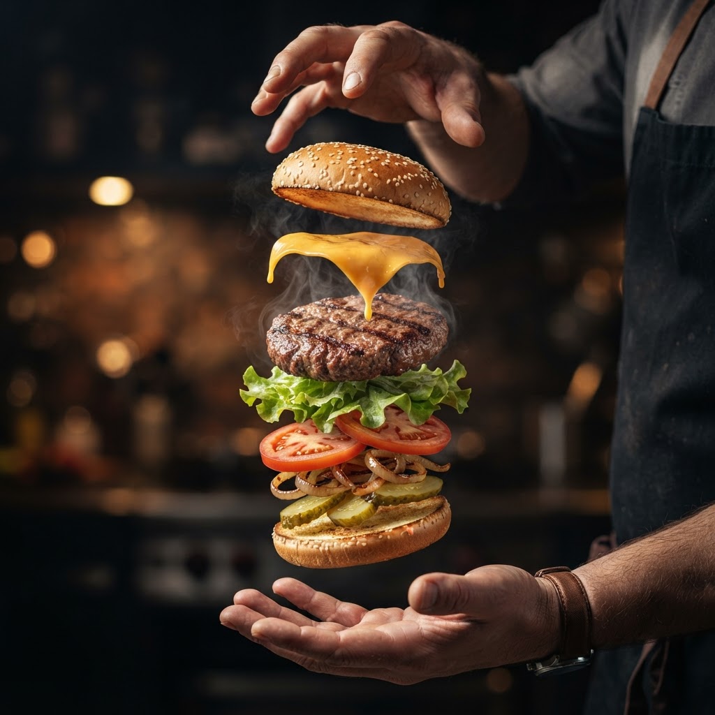 Hamburguesa ultra hiperrealista con todos los ingredientes separados en caída libre entre dos manos humanas, fotografía editorial de alta gastronomía